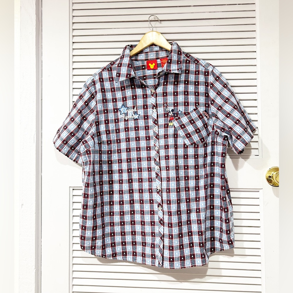 Vintage Mickey Mouse Superstar plaid Short  Sleeve Button Down 18W/20W